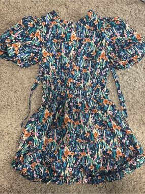 Floral Puff Sleeve Smocked Waist Mini Dress - Navy with Orange & Teal Floral